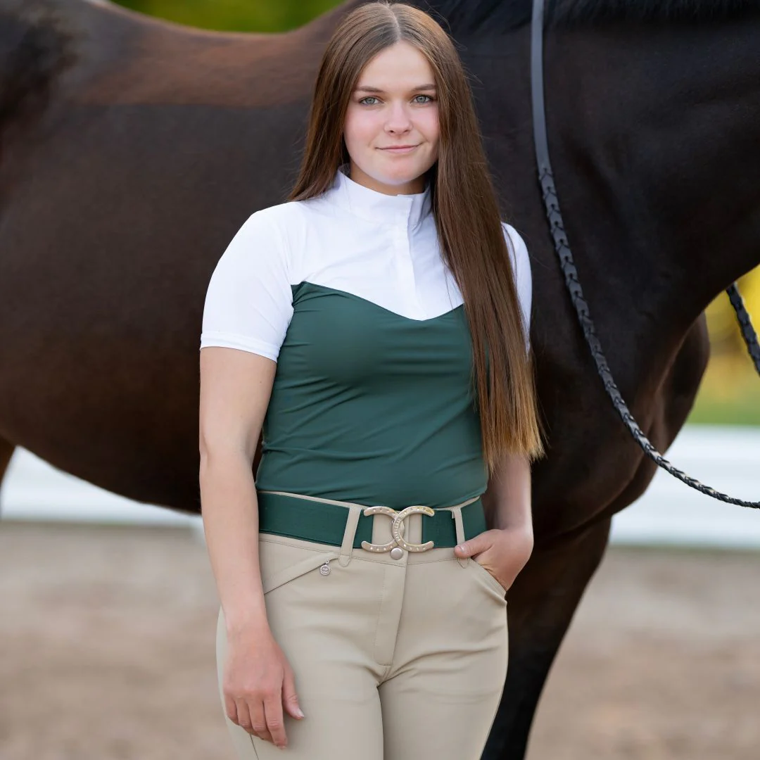 Dapplebay Lady 1/4 Zip Show Top - Short Sleeve-White/Evergreen - Image 3