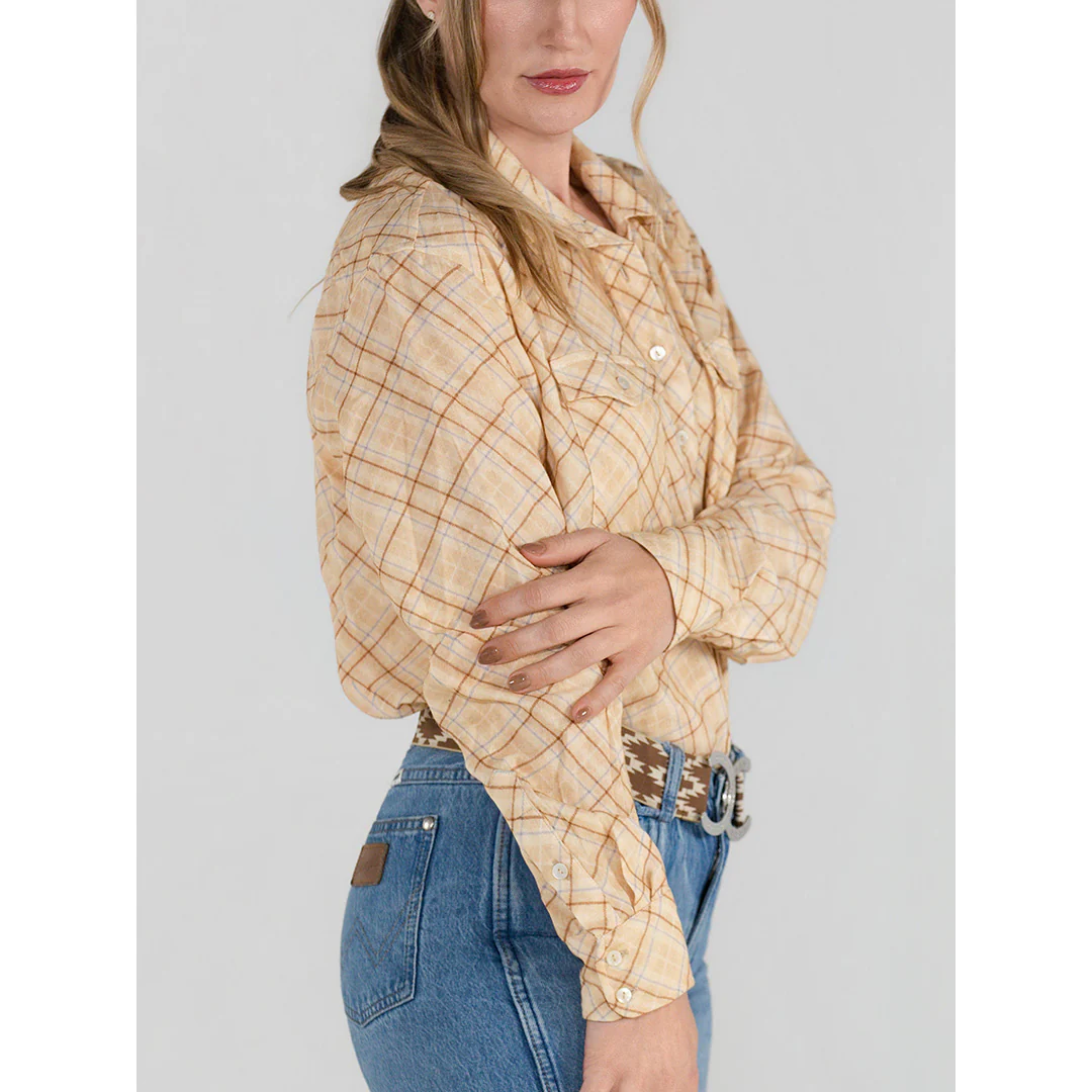 Dapplebay Spring Plaid Breezy Button Up Top-Tan - Image 5