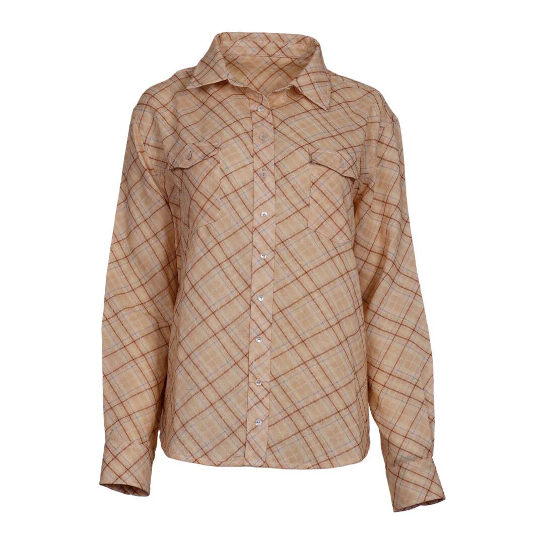 Dapplebay Spring Plaid Breezy Button Up Top-Tan - Image 8