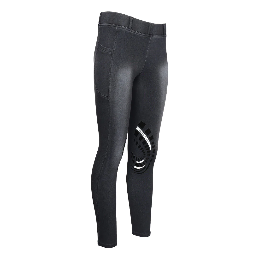 Equine Couture Ladies Denim Silicon Knee Patch Tights with Phone Pocket - Image 2