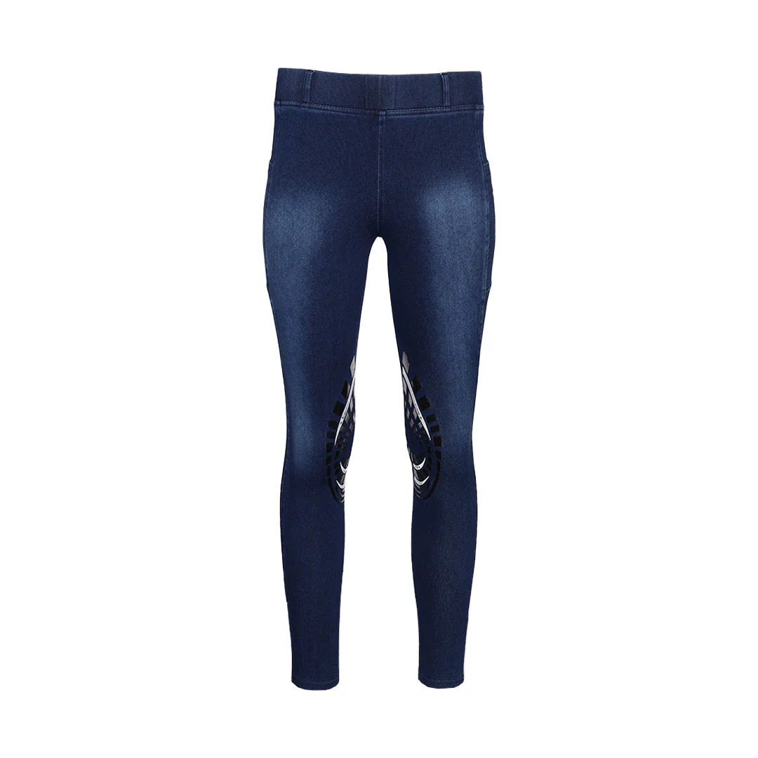 Equine Couture Ladies Denim Silicon Knee Patch Tights with Phone Pocket - Image 7