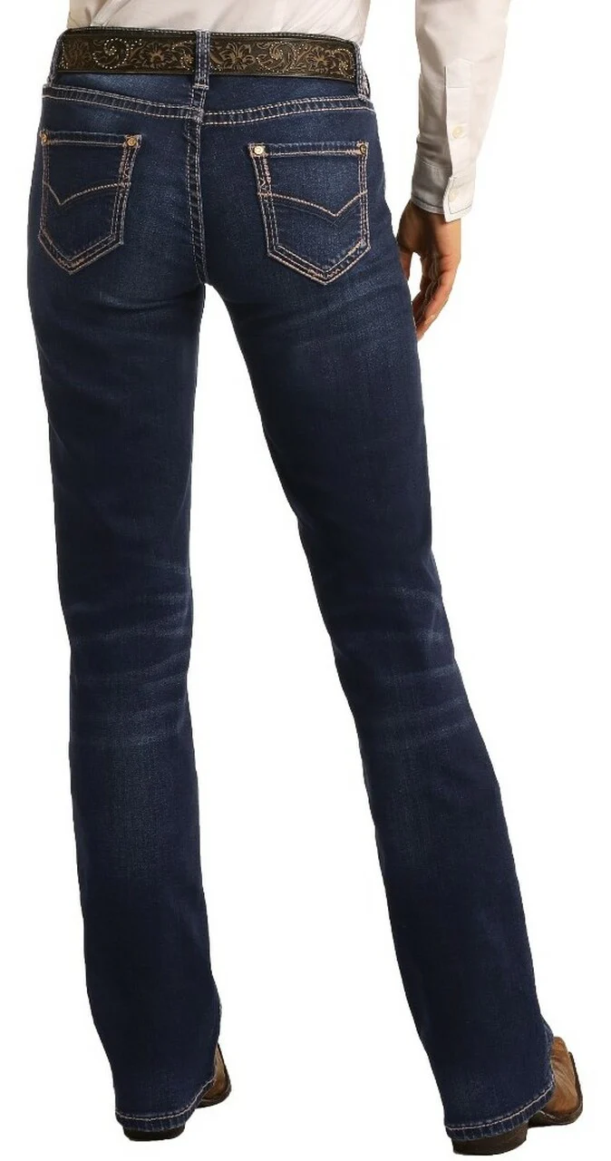 Rock & Roll Denim Ladies Mid Rise Extra Stretch Bootcut Riding Jeans- Dark Wash - Image 3
