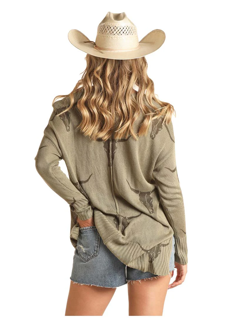 Rock & Roll Denim Ladies Sweater w/ Longhorn Design - Image 2