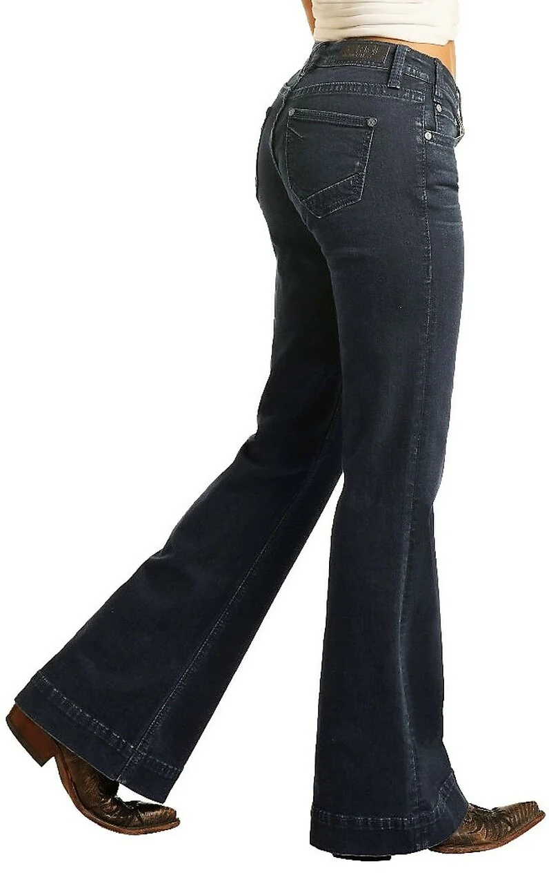 Rock & Roll Denim Ladies Mid Rise Extra Stretch Trousers- Dark Wash - Image 3