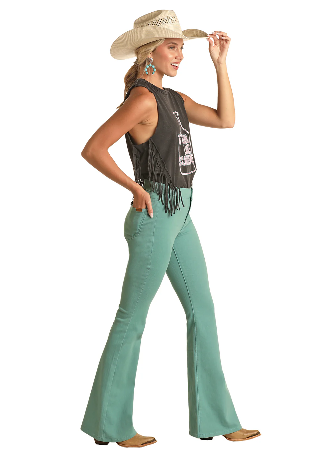 Rock & Roll Denim Ladies Turquoise Button Flare Jean - Image 2