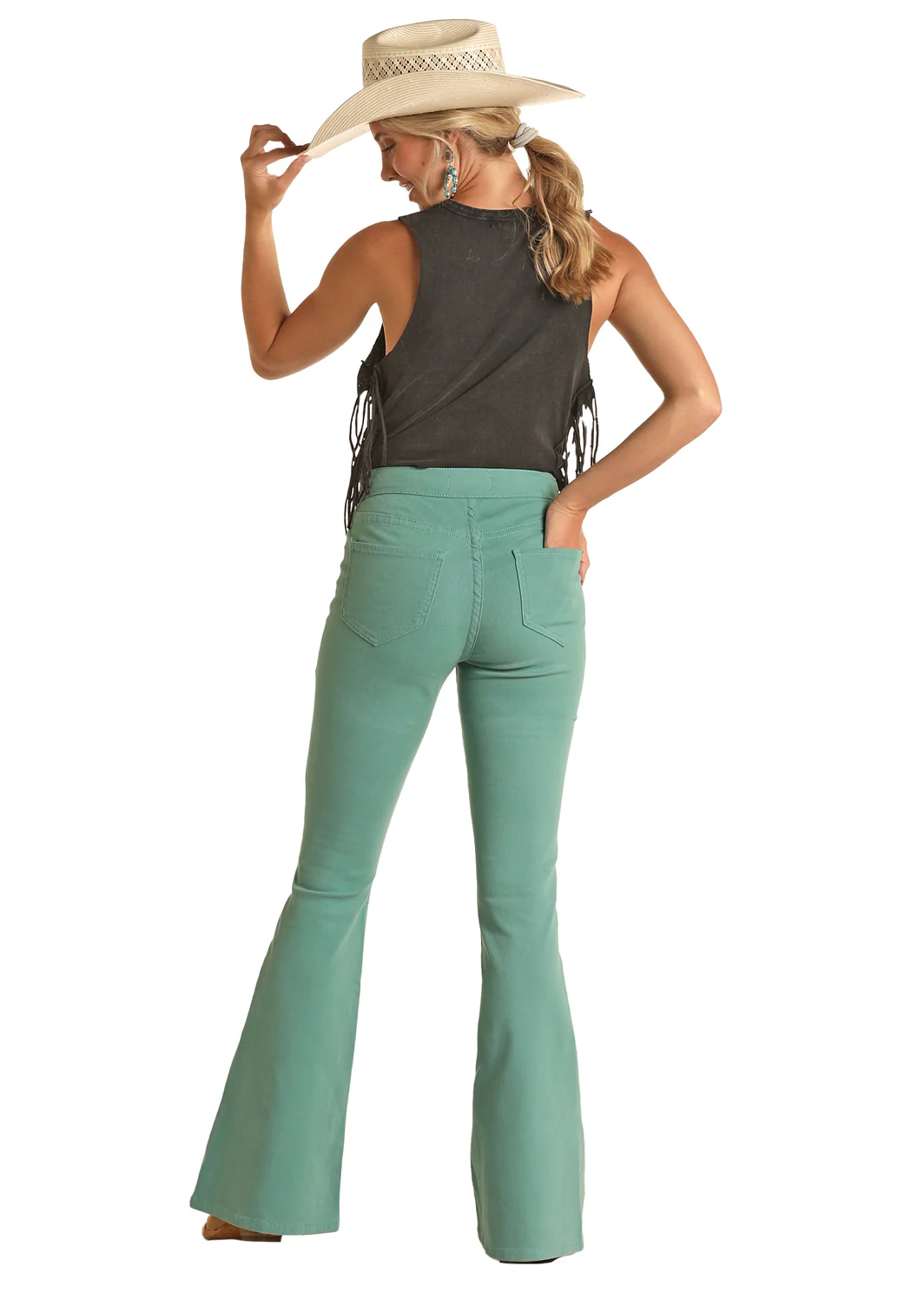 Rock & Roll Denim Ladies Turquoise Button Flare Jean - Image 3
