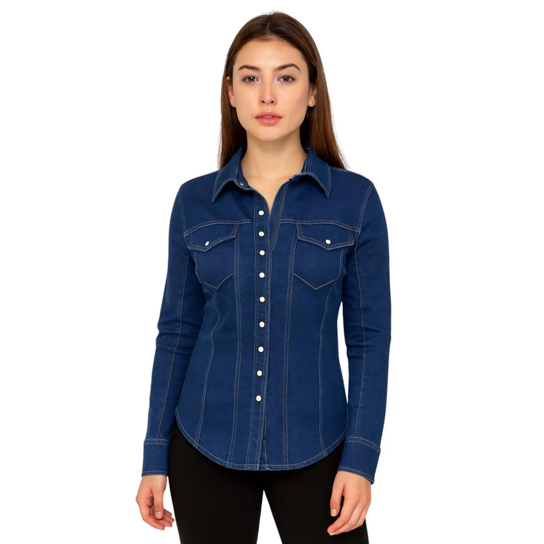 TuffRider Cody Ladies Western Denim Shirt with Covered Zip Closure and Decorative Pearl Snaps - Image 10