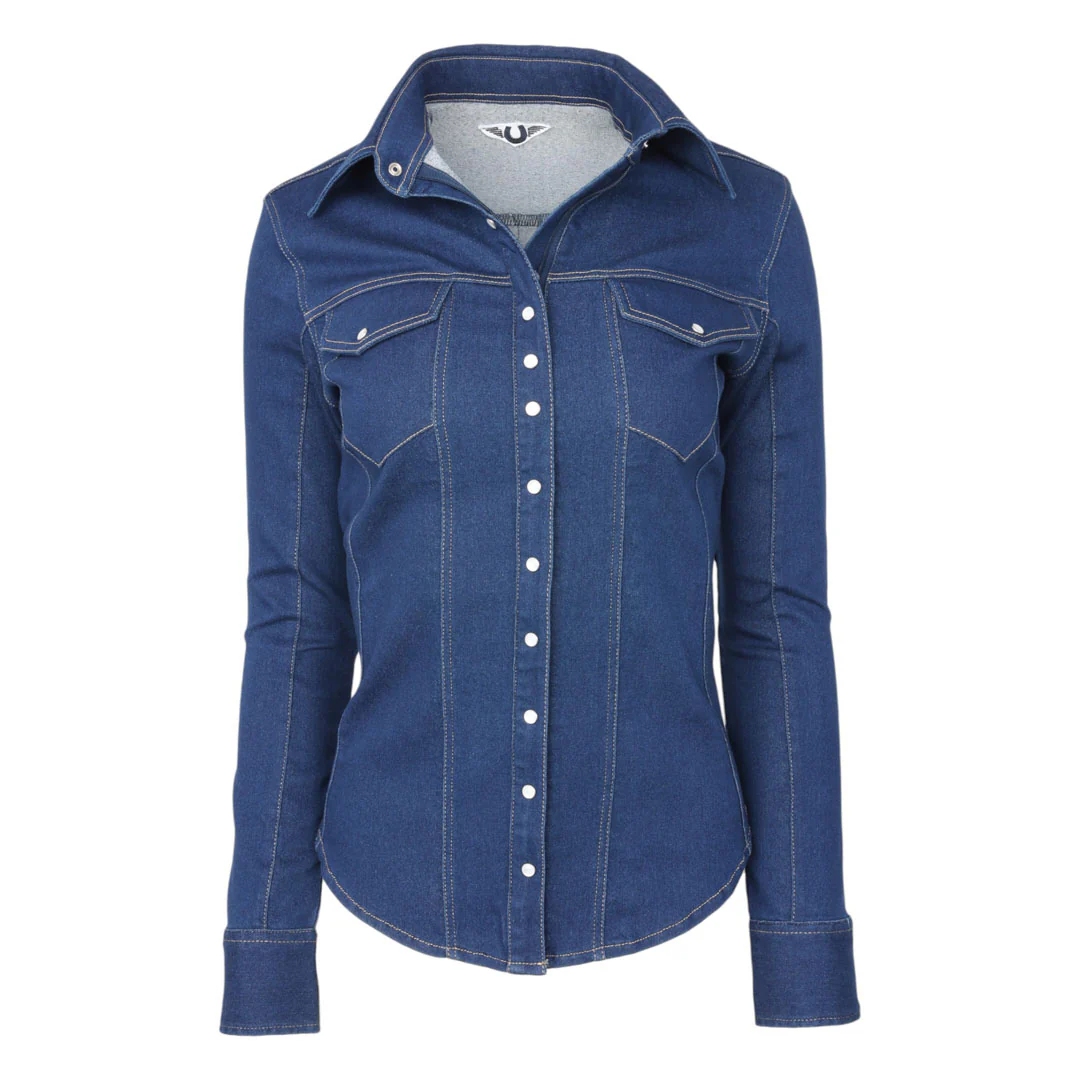 TuffRider Cody Ladies Western Denim Shirt with Covered Zip Closure and Decorative Pearl Snaps - Image 2