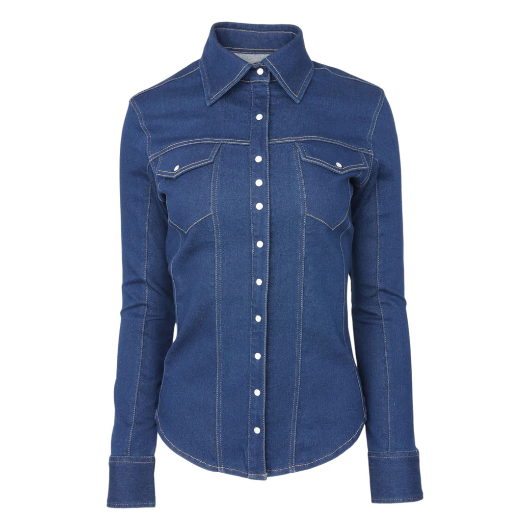 TuffRider Cody Ladies Western Denim Shirt with Covered Zip Closure and Decorative Pearl Snaps - Image 9